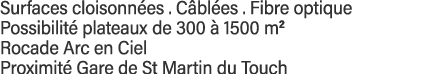 Surfaces cloisonnées   Câblées   Fibre optique Possibilité plateaux de 300 à 1500 m2  Rocade Arc en Ciel Proximité Ga   