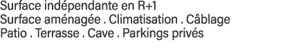 Surface indépendante en R+1 Surface aménagée   Climatisation   Câblage Patio   Terrasse   Cave   Parkings privés 